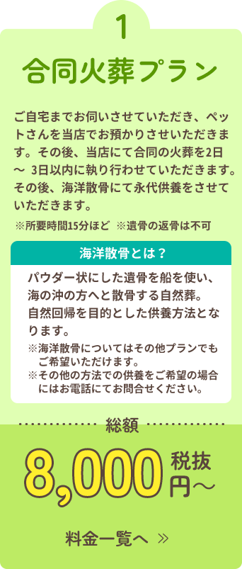 1合同火葬プラン。ご自宅までお伺いさせていただき、ペットさんを当店でお預かりさせいただきます。その後、当店にて合同の火葬を2日～ 3日以内に執り行わせていただきます。その後、海洋散骨にて永代供養をさせていただきます。※所要時間15分ほど※遺骨の返骨は不可。総額8,000円～税抜。料金一覧へ