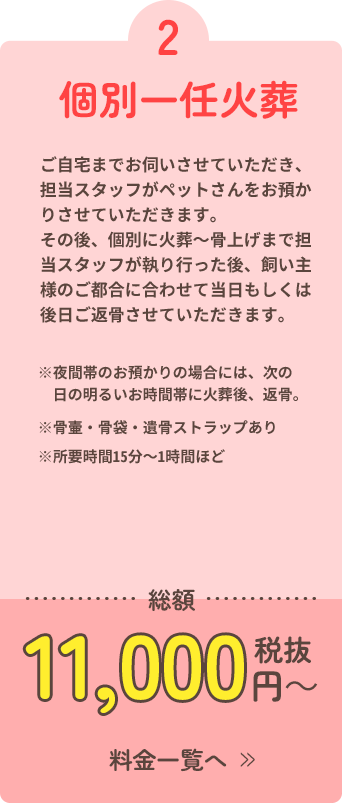 2個別一任火葬。ご自宅までお伺いさせていただき、担当スタッフがペットさんをお預かりさせていただきます。その後、個別に火葬～骨上げまで担当スタッフが執り行った後、飼い主様のご都合に合わせて当日もしくは後日ご返骨させていただきます。※夜間帯のお預かりの場合には、次の日の明るいお時間帯に火葬後、返骨。※骨壷・骨袋・遺骨ストラップあり※所要時間15分～1時間ほど。総額11,000円～税抜。料金一覧へ